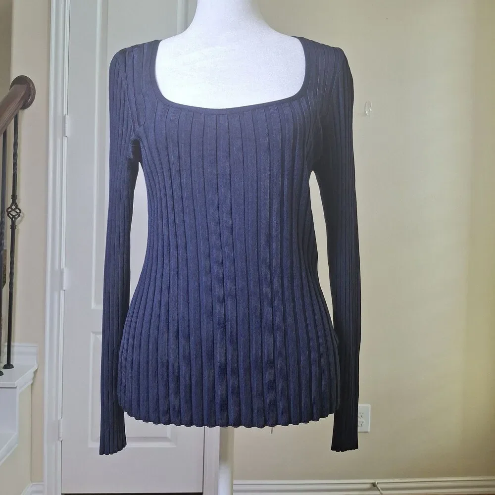 Veronica Beard Clara Ribbed Top Navy M Square Neck Dark Academia Preppy Coquette